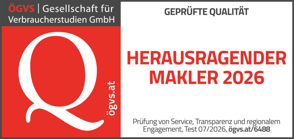 Auszeichnungssiegel: Herausragender Makler 2026 – geprüft von qualitaetstest.at für Service, Transparenz und Engagement | Hübl Und Partner Bauträger 1220 Wien