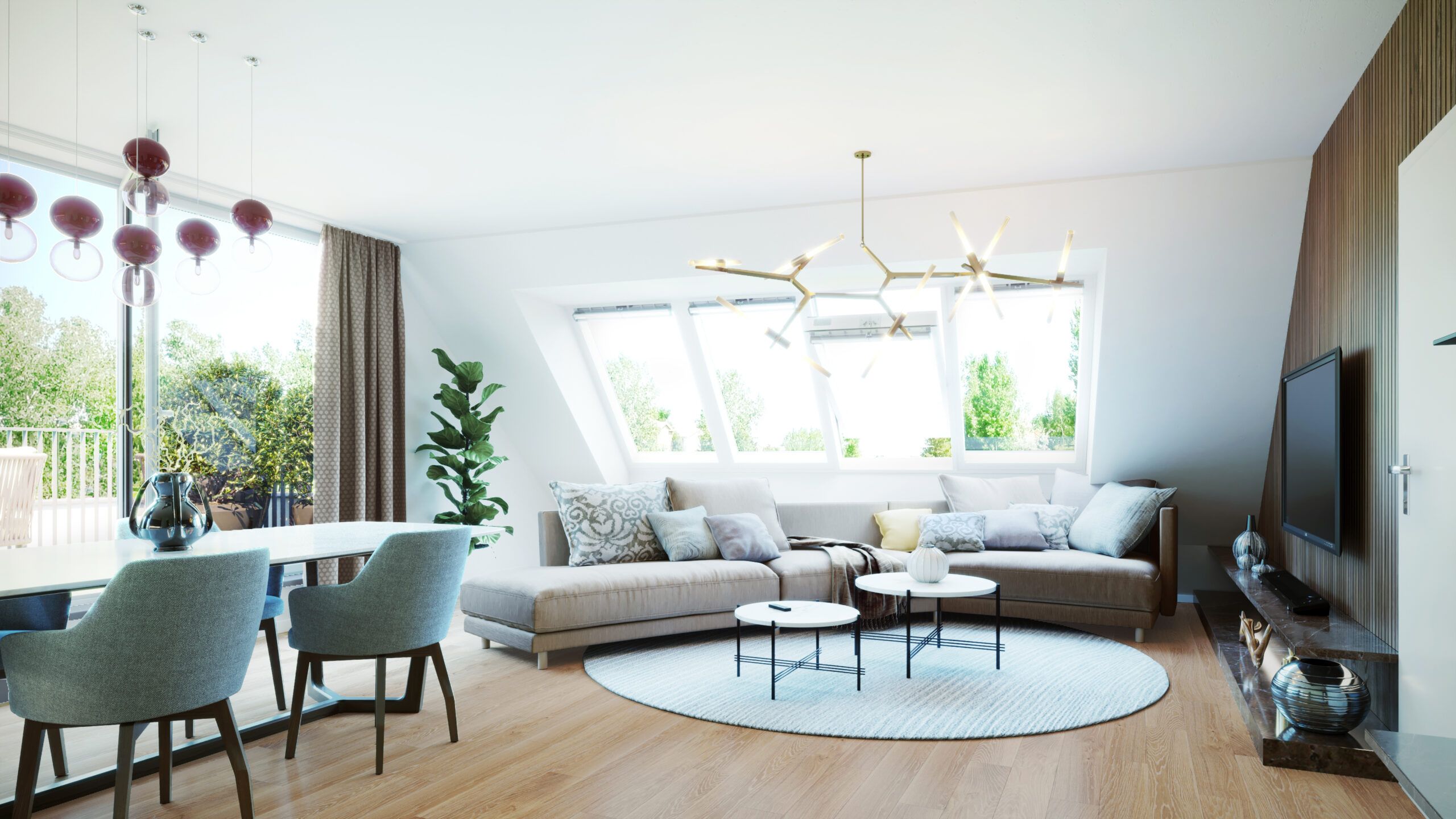 Hübl & Partner Rugierstraße 55 | Wohnraum mit TV-Wand und bequemen Sitzmöbeln | Neubauprojekt 1220 Wien Donauzentrum rugierstraße Makler Wien