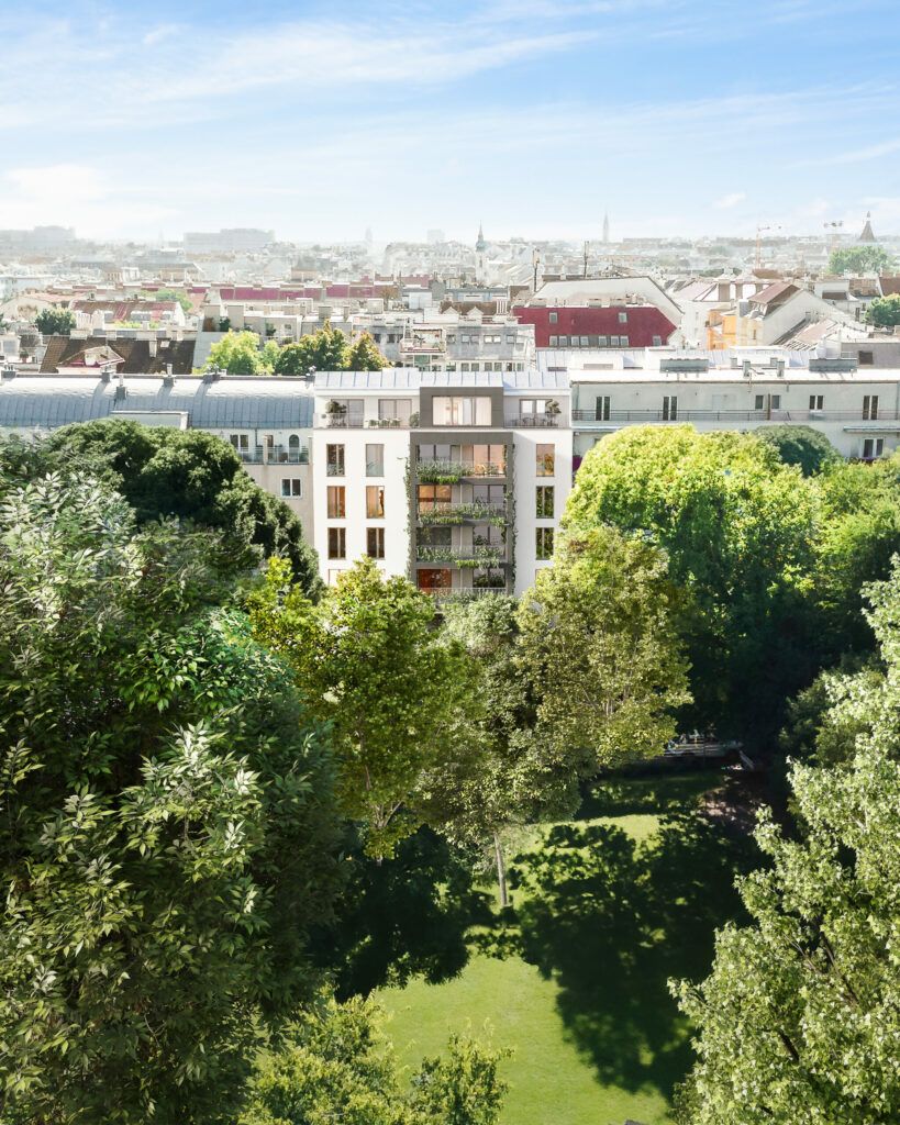 Hübl & Partner Parkside Green Residences | Stadtpanorama mit dichter Bebauung und grüner Umgebung mit Währinger Parklandschaft im Vordergrund Fokus auf ein Neubauprojekt | cottageviertel Eigentumswohnung währingerpark türkenschanzpark freifinanziert neubau hübl & Partner direkt vom Bauträger