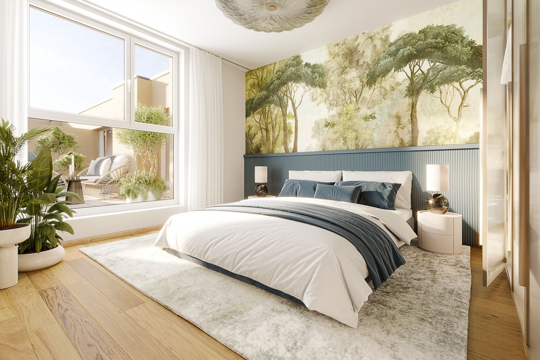 Am Rain Modernes Schlafzimmer mit großem Fenster, Doppelbett und stilvoller Einrichtung Neubauprojekt am Wasser Wien Badeteich Hirschstetten Hübl & Partner Premium Projekt Anleger und Eigentum Endnutzer am See wohnen Wien in 1220 Wien Donaustadt Blumengärten Hirschstetten