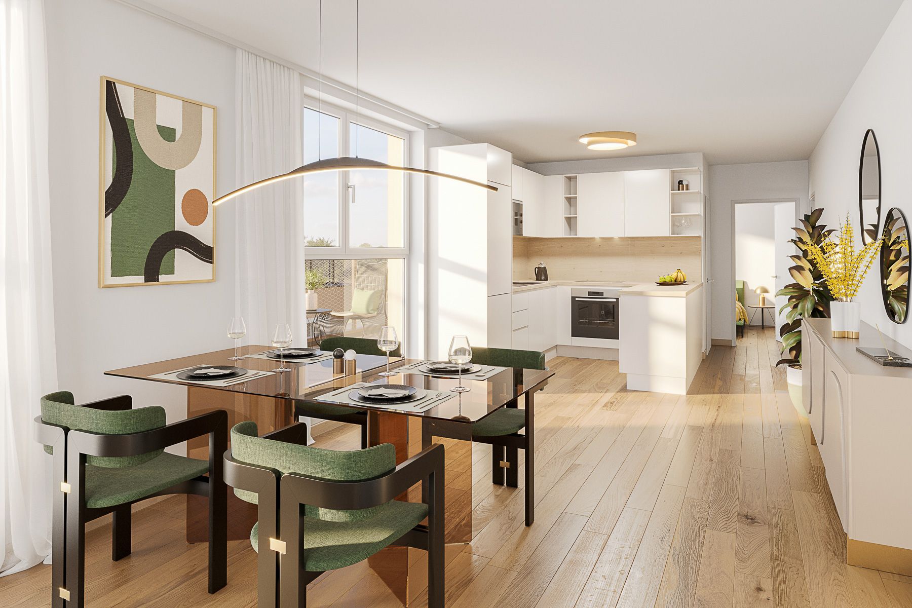 Am Rain Offener Wohn- und Essbereich mit großer Fensterfront, Holzboden und stilvoller Beleuchtung Neubauprojekt am Wasser Wien Badeteich Hirschstetten Hübl & Partner Premium Projekt Anleger und Eigentum Endnutzer am See wohnen Wien in 1220 Wien Donaustadt Blumengärten Hirschstetten