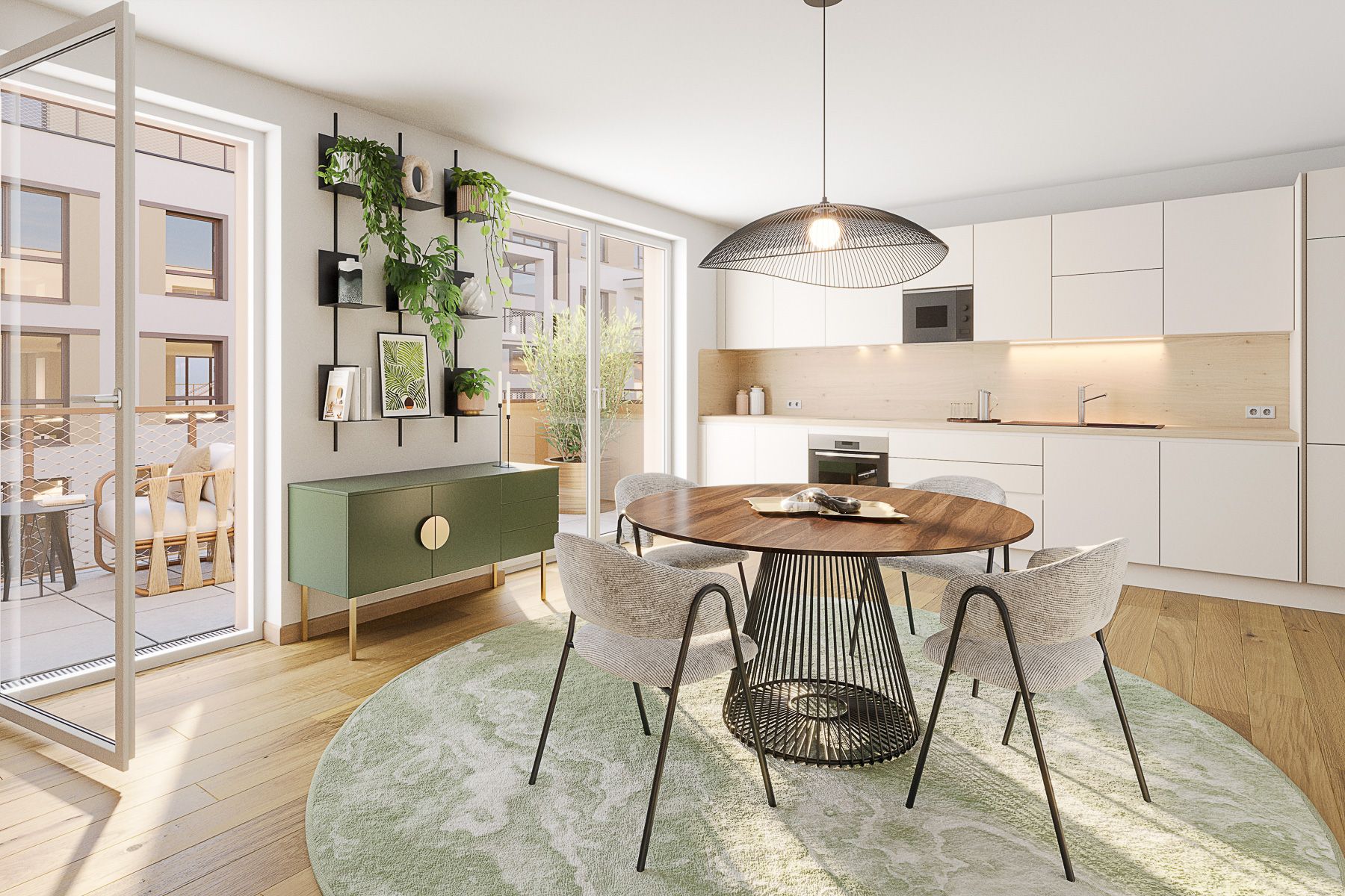 Am Rain Stilvoller Essbereich mit rundem Holztisch, grüner Wandkommode und Pflanzen-Dekor mit offener Küche und Blick auf die Terrasse. Neubauprojekt am Wasser Wien Badeteich Hirschstetten Hübl & Partner Premium Projekt Anleger und Eigentum Endnutzer am See wohnen Wien in 1220 Wien Donaustadt Blumengärten Hirschstetten