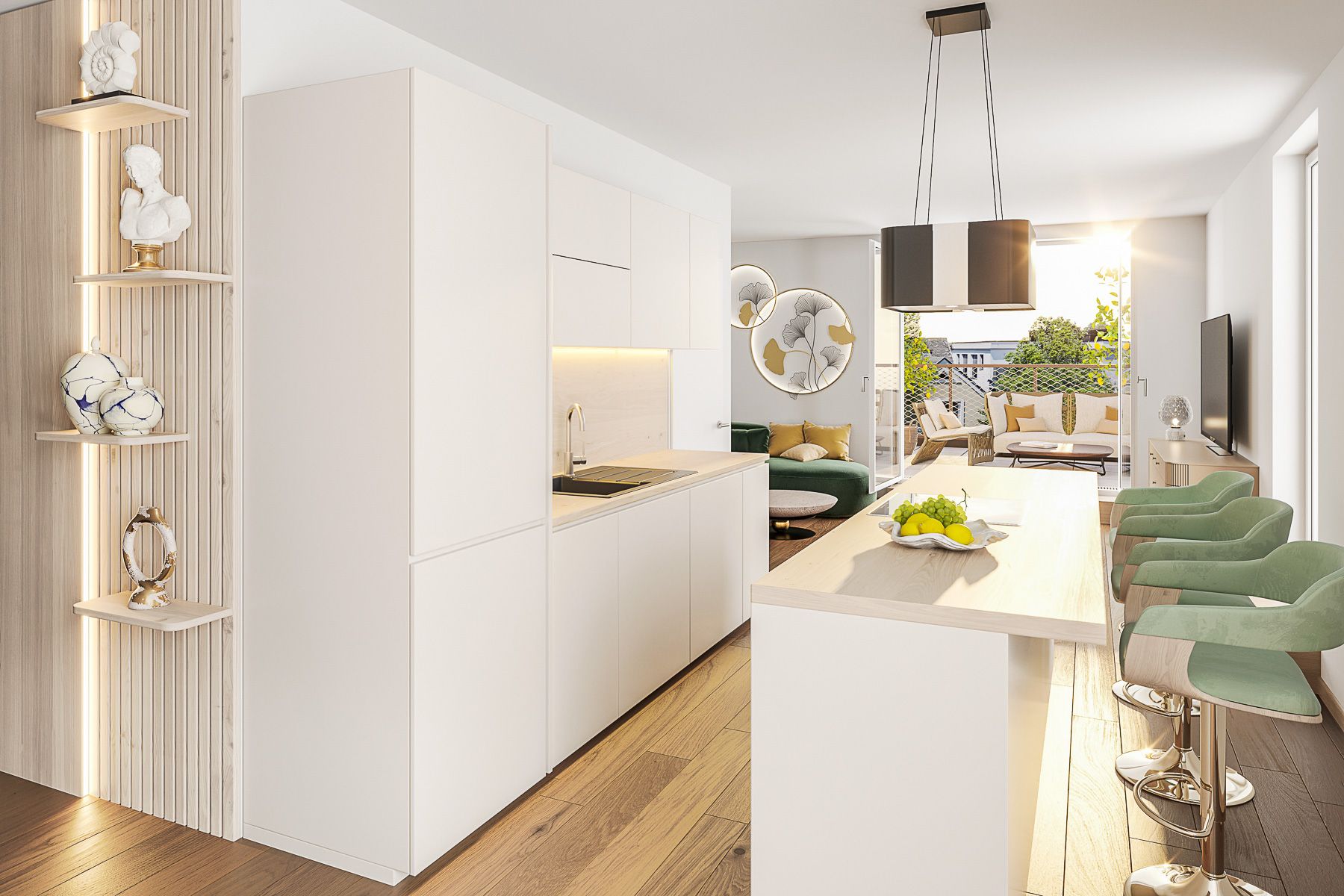 Am Rain Moderne weiße Küche mit Kochinsel, Sicht auf Balkon und viel Tageslicht. Neubauprojekt am Wasser Wien Badeteich Hirschstetten Hübl & Partner Premium Projekt Anleger und Eigentum Endnutzer am See wohnen Wien in 1220 Wien Donaustadt Blumengärten Hirschstetten