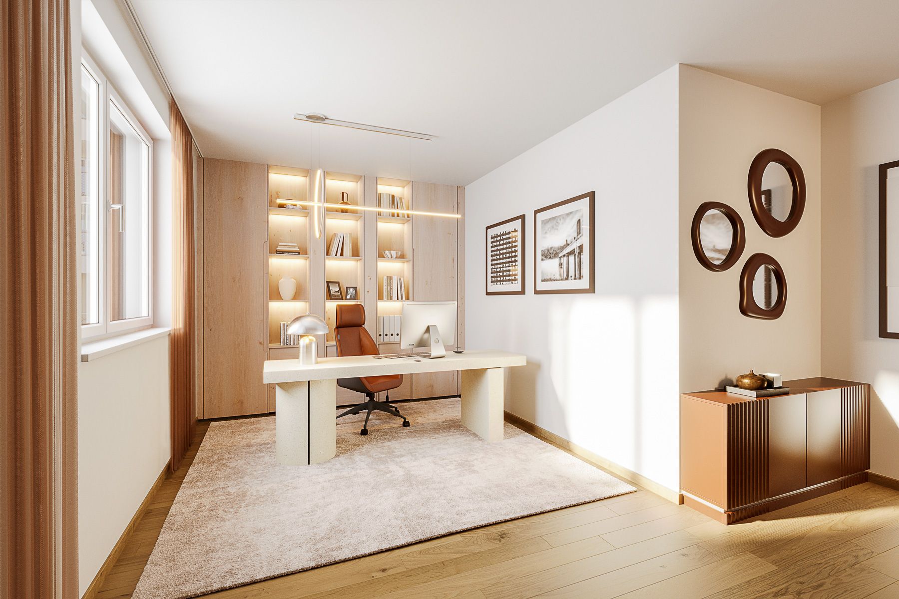 Am Rain Stilvoll eingerichtetes Homeoffice mit großem Schreibtisch, beleuchtetem Bücherregal, moderner Dekoration und warmem Tageslicht Neubauprojekt am Wasser Wien Badeteich Hirschstetten Hübl & Partner Premium Projekt Anleger und Eigentum Endnutzer am See wohnen Wien in 1220 Wien Donaustadt Blumengärten Hirschstetten