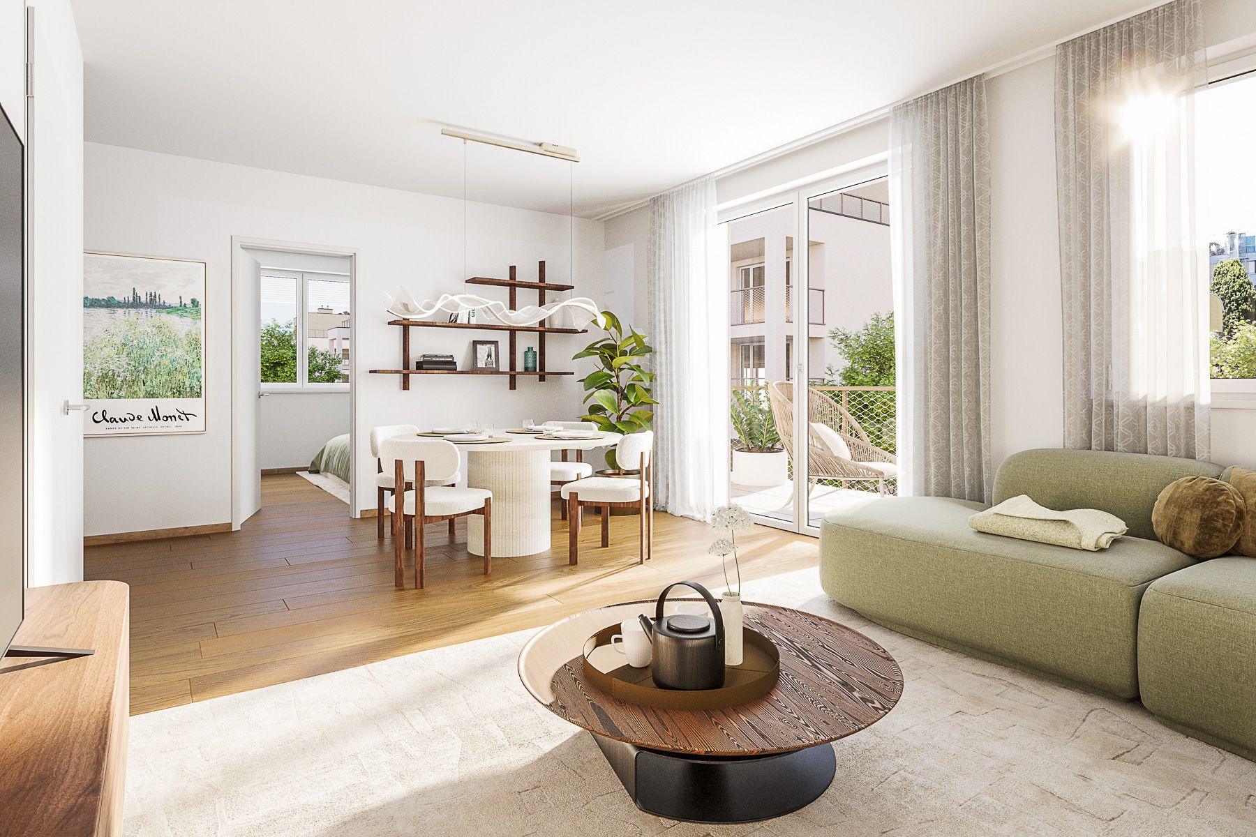 Am Rain Heller Essbereich mit rundem Tisch und Blick auf die Terrasse Neubauprojekt am Wasser Wien Badeteich Hirschstetten Hübl & Partner Premium Projekt Anleger und Eigentum Endnutzer am See wohnen Wien in 1220 Wien Donaustadt Blumengärten Hirschstetten