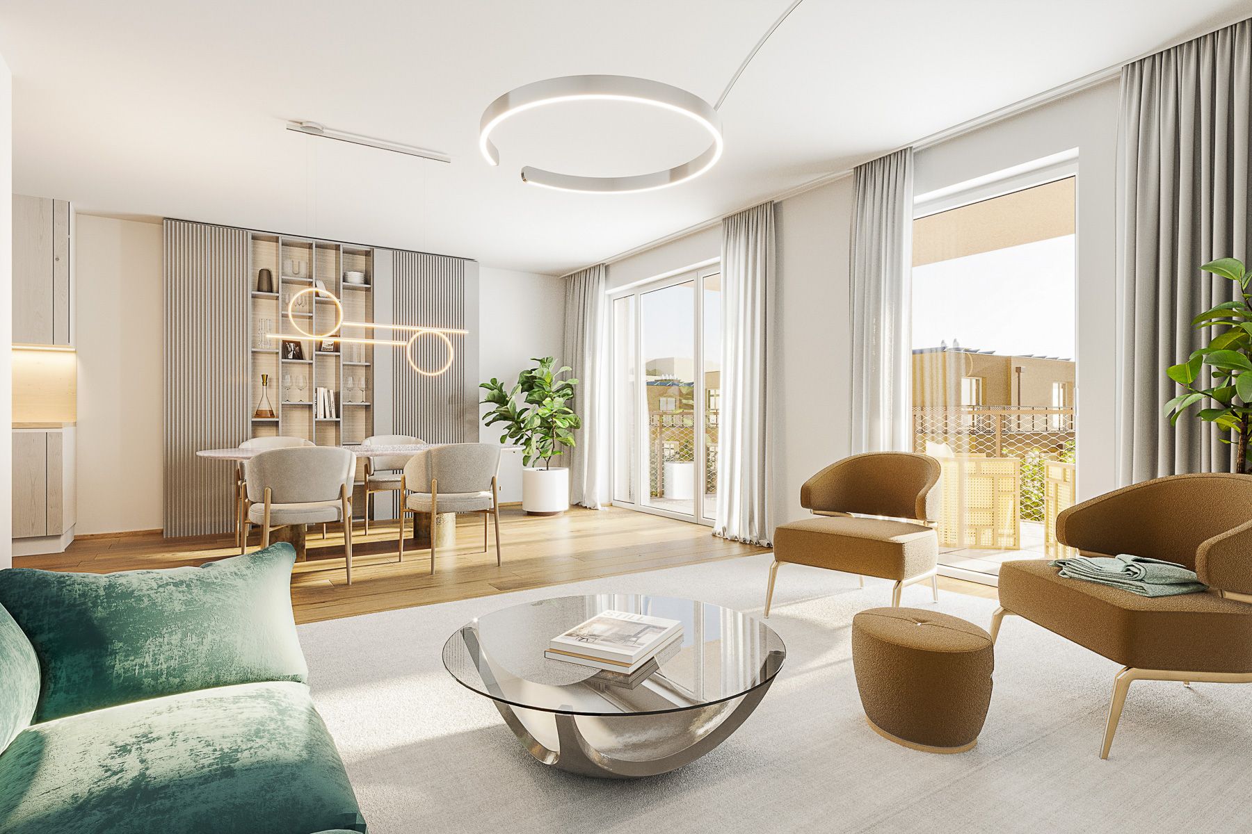 Am Rain Wohnzimmer mit gemütlicher Sitzecke, modernem Dekor und viel Tageslicht Neubauprojekt am Wasser Wien Badeteich Hirschstetten Hübl & Partner Premium Projekt Anleger und Eigentum Endnutzer am See wohnen Wien in 1220 Wien Donaustadt Blumengärten Hirschstetten