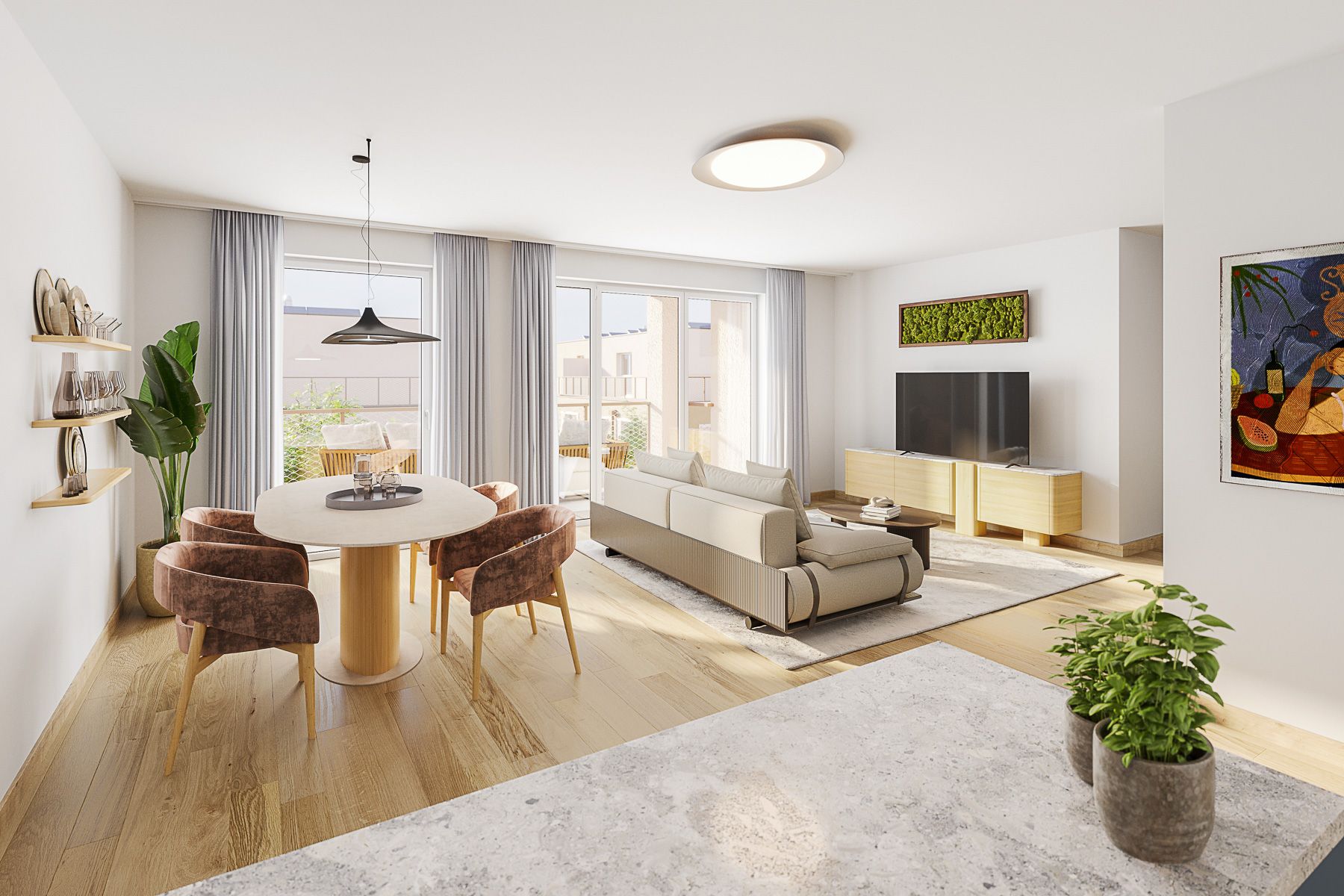 Am Rain Offenes Wohnzimmer mit Essbereich, großen Fenstern und hellem Interieur Neubauprojekt am Wasser Wien Badeteich Hirschstetten Hübl & Partner Premium Projekt Anleger und Eigentum Endnutzer am See wohnen Wien in 1220 Wien Donaustadt Blumengärten Hirschstetten