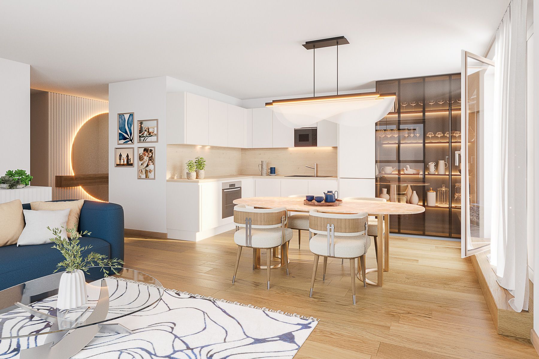 Am Rain Offene Küche mit Essbereich in einem modernen Wohnraum mit Holzboden Neubauprojekt am Wasser Wien Badeteich Hirschstetten Hübl & Partner Premium Projekt Anleger und Eigentum Endnutzer am See wohnen Wien in 1220 Wien Donaustadt Blumengärten Hirschstetten