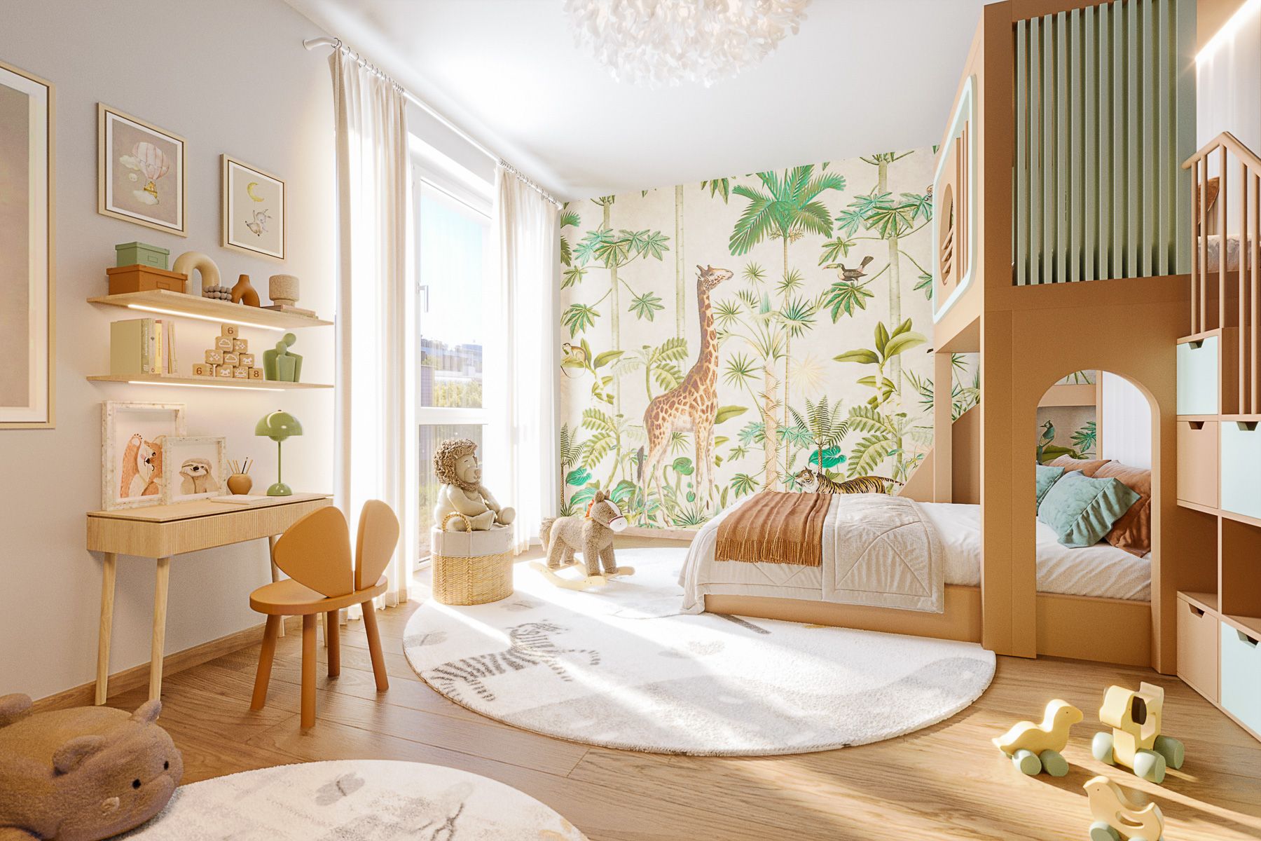 Freundlich gestaltetes Kinderzimmer mit Tiermotiv-Tapete, Spielbereich und Tageslicht Neubauprojekt am Wasser Wien Badeteich Hirschstetten Hübl & Partner Premium Projekt Anleger und Eigentum Endnutzer am See wohnen Wien in 1220 Wien Donaustadt Blumengärten Hirschstetten