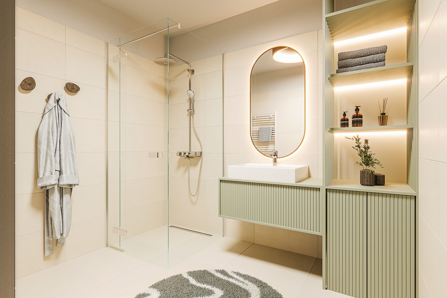 Am Rain Modernes Duschbad mit Glaswand, ovalem Spiegel und stilvollem Waschtisch Neubauprojekt am Wasser Wien Badeteich Hirschstetten Hübl & Partner Premium Projekt Anleger und Eigentum Endnutzer am See wohnen Wien in 1220 Wien Donaustadt Blumengärten Hirschstetten