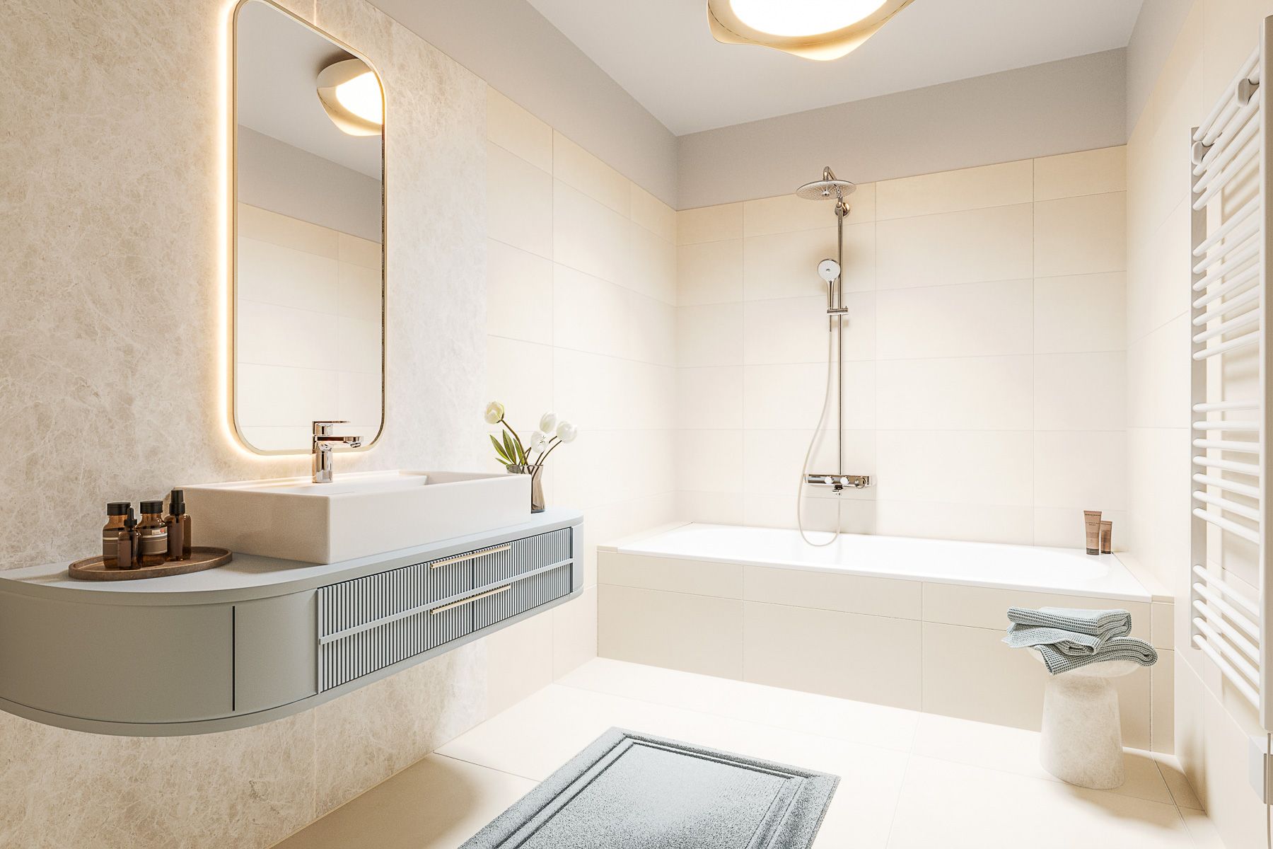 Am Rain Helles Badezimmer mit Badewanne, großem Spiegel und modernen Armaturen im eleganten Stil | Neubauprojekt am Wasser Wien Badeteich Hirschstetten Hübl & Partner Premium Projekt Anleger und Eigentum Endnutzer am See wohnen Wien in 1220 Wien Donaustadt Blumengärten Hirschstetten