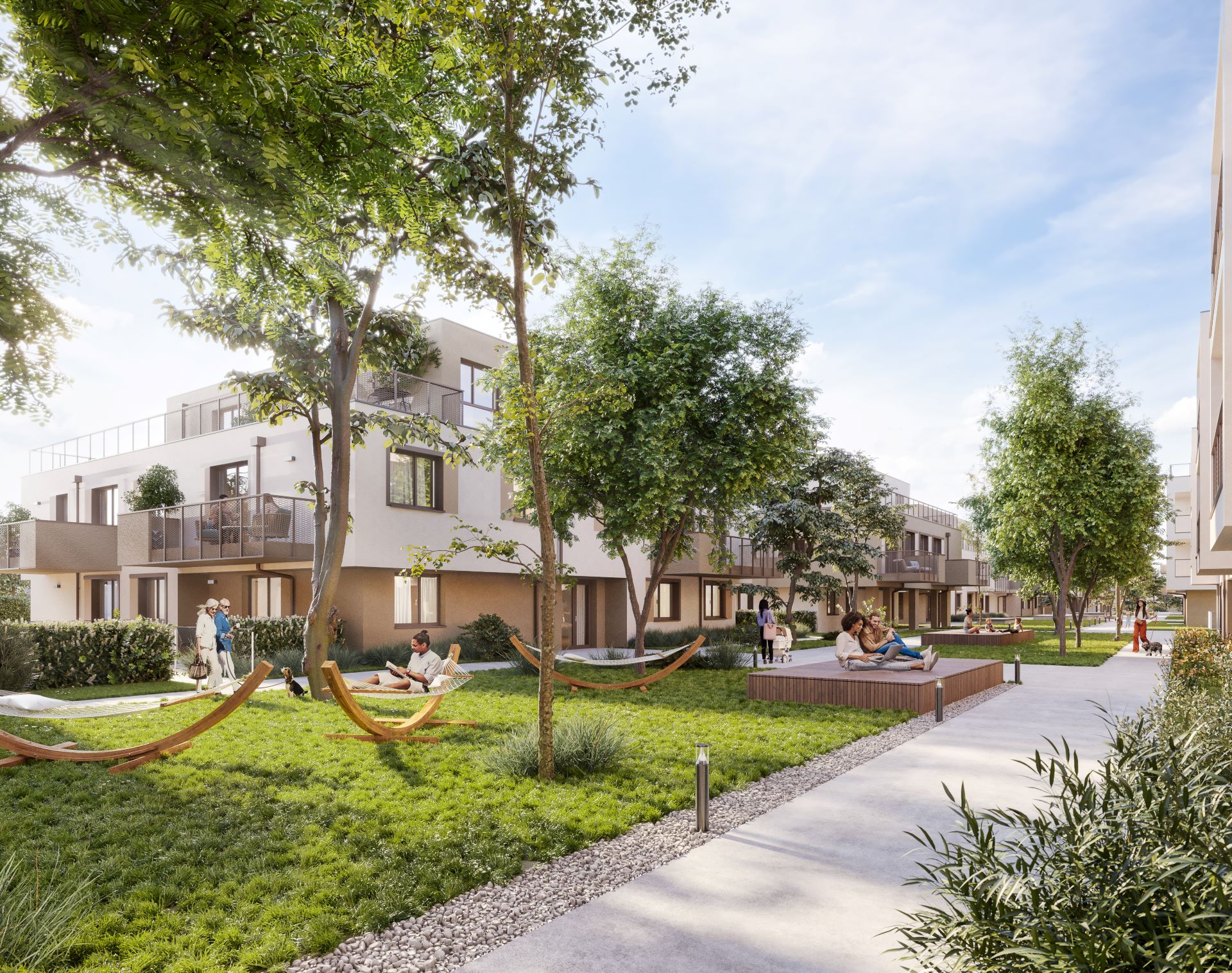 Hübl & Partner Neubauprojekt Am Rain in 1220 Wien nahe dem Badeteich Hirschstetten mit einem traumhaften Anger und niedrigen Bauten