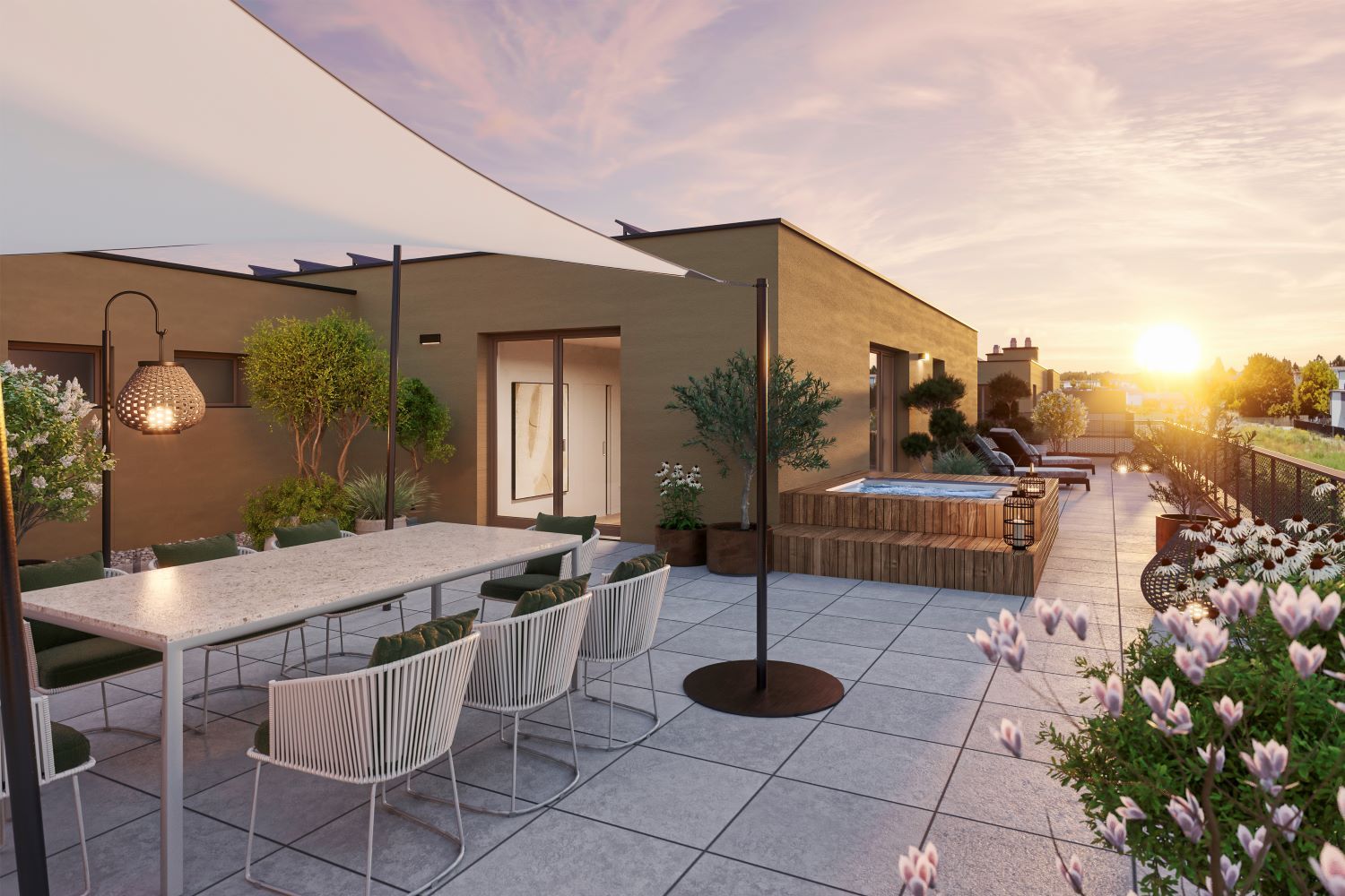 Hübl & Partner Neubauprojekt Am Rain in 1220 Wien nahe dem Badeteich Hirschstetten mit einem traumhaften Anger und niedrigen Bauten - Sonnenuntergangsbeispiel auf einer der großen Dachterrassen in dem Projekt
