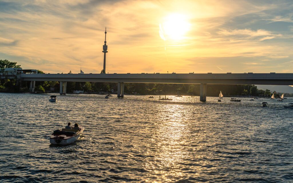 Vienna Austria, summer sunset vibes on Alte Donau. June 2022 Vienna, Austria