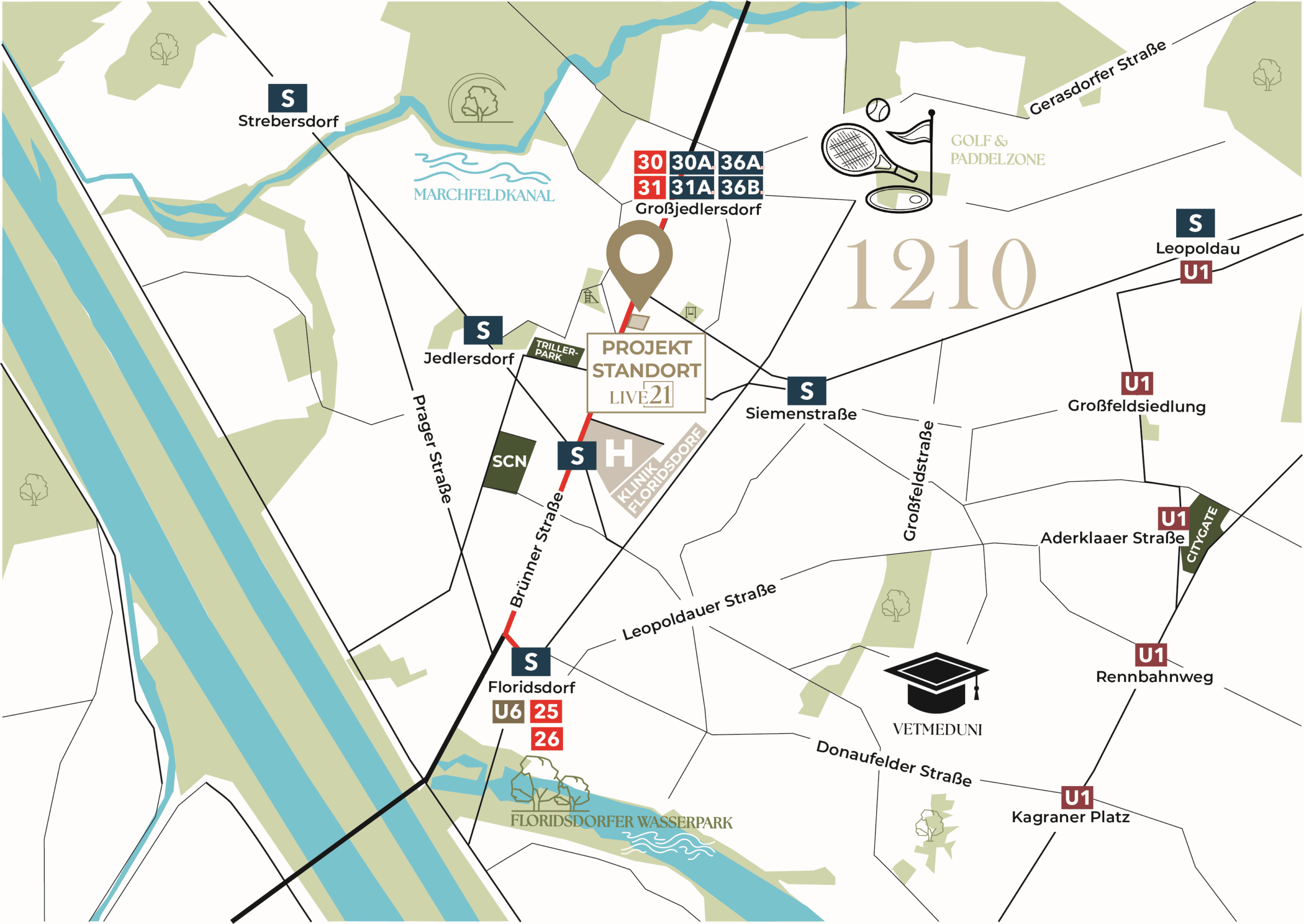 Projekt Live21 in der Brünner Straße Graphische Darstellung eines Lageplans mit Standort PIN, Natur und Infrastruktur in Umgebung