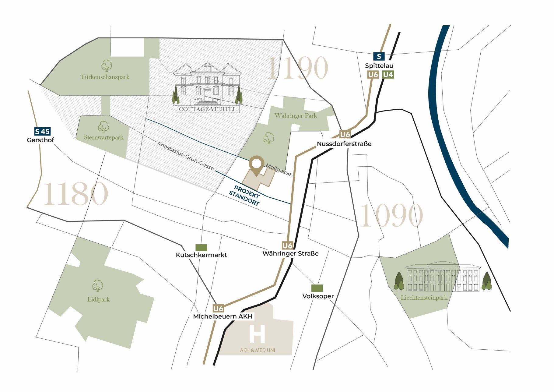 Lageplan des Wohngebäudes mit den Parks und Infrastruktur